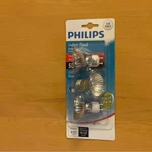 NWOT - 3-BULB VALUE PACK OF PHILLIPS 50-WATT MR16 GU10 BASE, 120 VOLT BULBS.